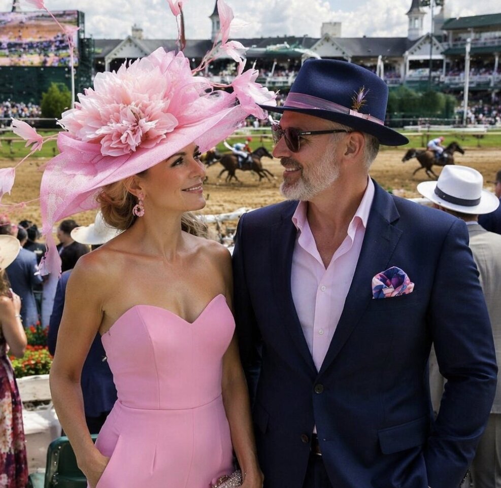 Couple in pink and navy Derby attire and hats beside the racetrack