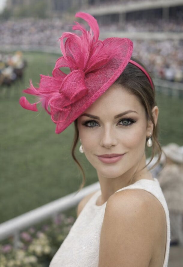 Woman wearing a bright pink feathered fascinator at a racetrack