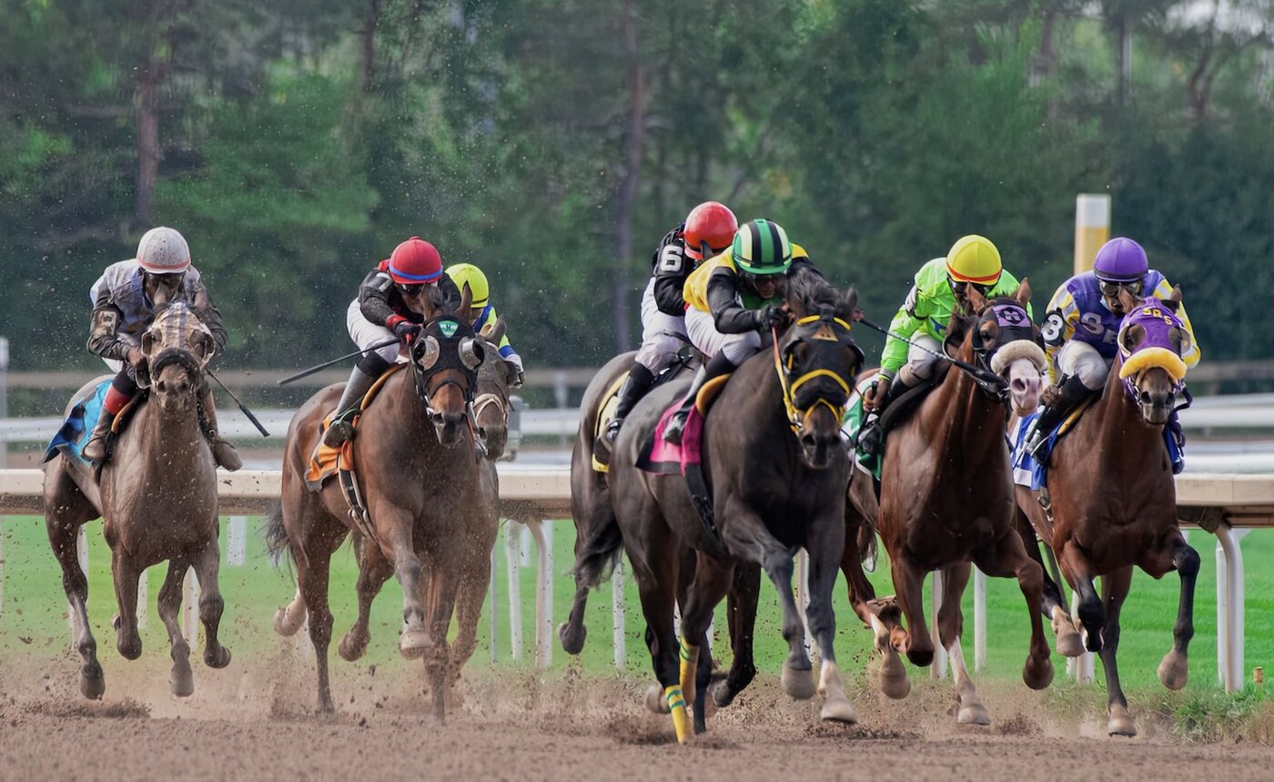 Racehorses and jockeys in colorful silks racing toward the finish